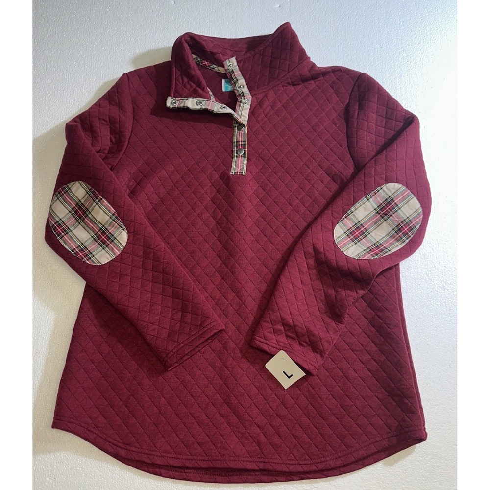 Uniquely Yours Burgundy Quilted Plaid Snap Pullover Mock Neck Elbow‎ Patches L